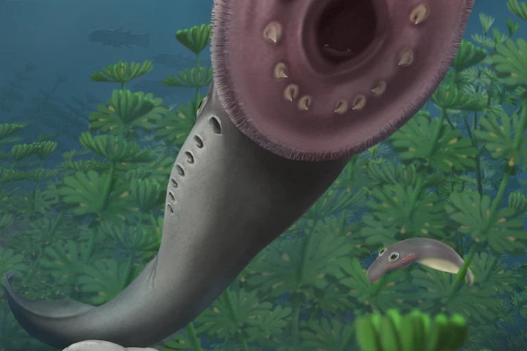 A creature with a long body and a head shaped like an oval, with teeth visible in the head, is pictured with two smaller fish-like creatures amid underwater plants
