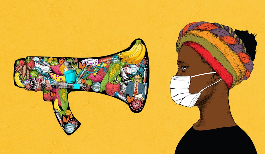 An illustration featuring a megaphone decorated with images of syringes, vegetables, DNA strands, fruits and masks is pointed at a woman wearing a colourful headwrap and a surgical mask.