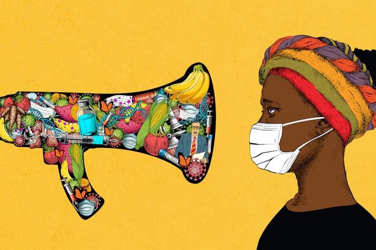 An illustration featuring a megaphone decorated with images of syringes, vegetables, DNA strands, fruits and masks is pointed at a woman wearing a colourful headwrap and a surgical mask.