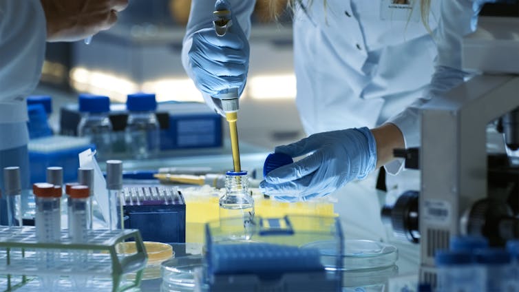 Scientists in a lab using a pipette