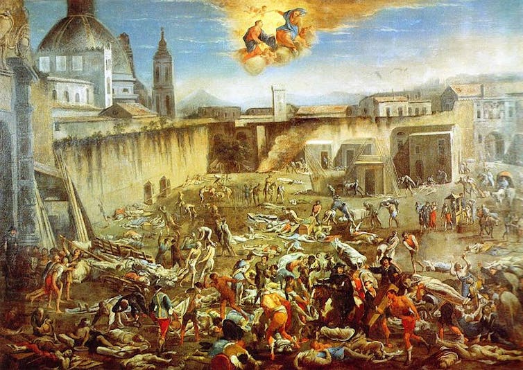 Painting of people struck by plague.