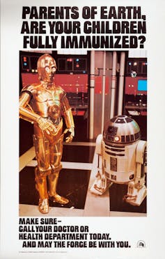 Star Wars characters C3PO and R2-D2 in a poster promoting immunization.