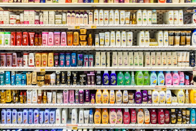 Shampoo bottles in supermarket