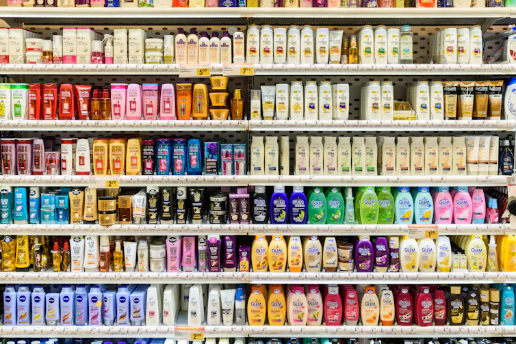 Shampoo bottles in supermarket
