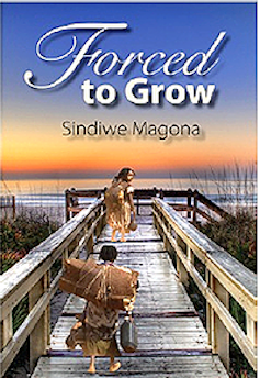 A book cover with an illustration of a Khoi San couple in skins approaching the sea on a modern boardwalk.