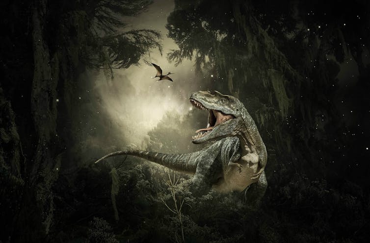 A drawing of a T-rex looking at a small flying dinosaur in a forest.