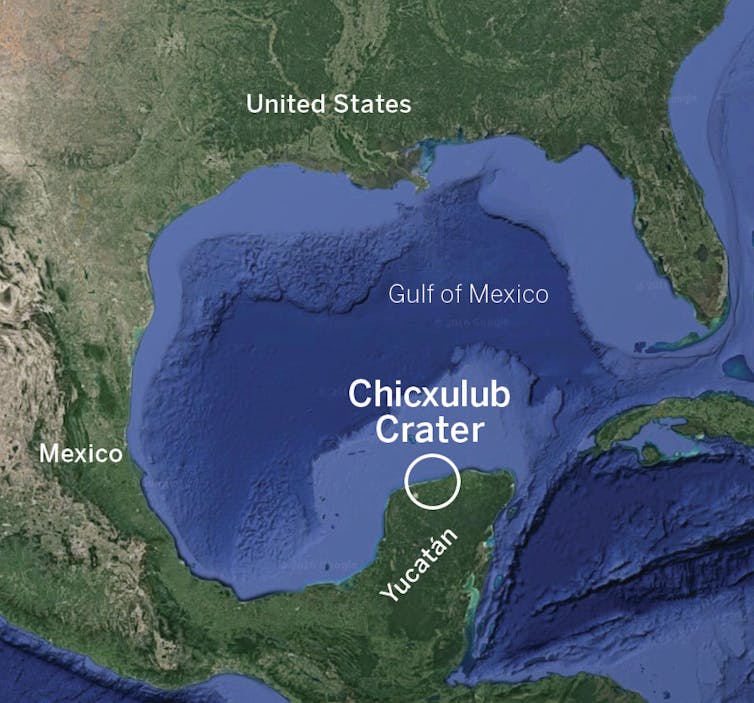A map showing where the Chicxulub crater is, in the Yucatán Peninsula.