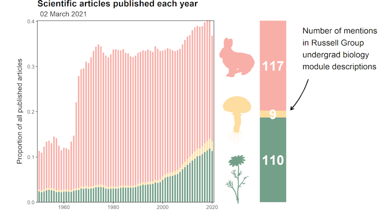 Bargraph of the number of scientific papers published each year on animals, fungi and plants