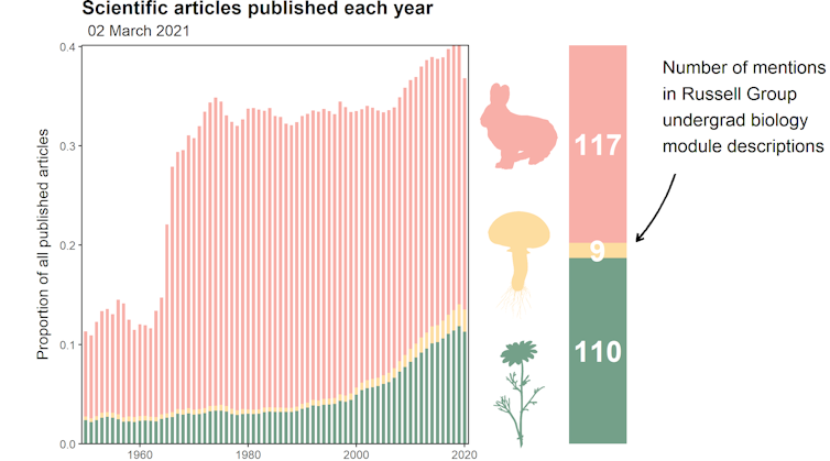 Bar graph of the number of scientific papers published each year on animals, fungi, and plants