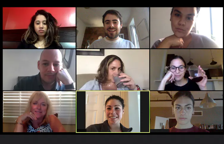 Screen showing coworkers having a virtual happy hour