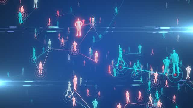 An illustration showing people in red and blue and the connections between them