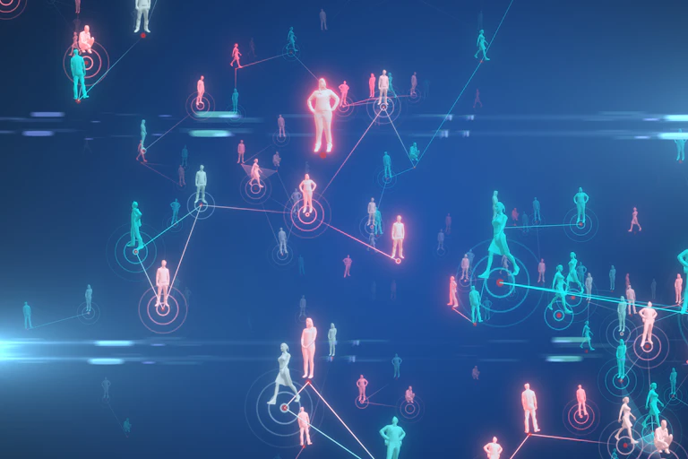 An illustration showing people in red and blue and the connections between them