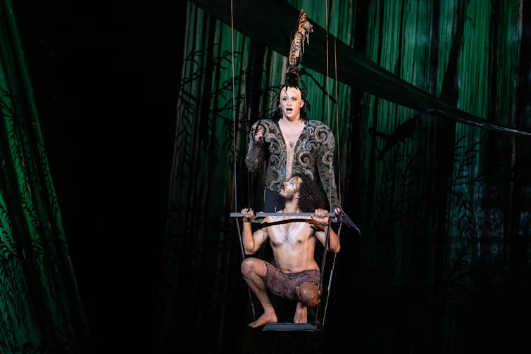 Production image; two men sing on a swing