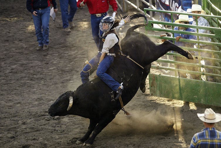 Woman in helmet on bucking bull in a rodeo ring