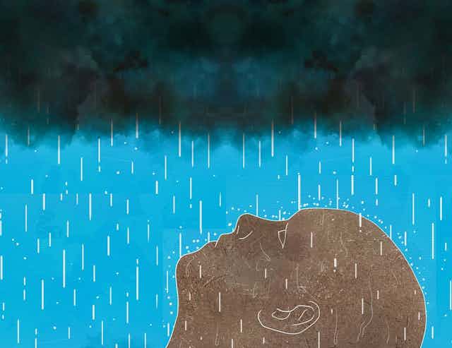 Illustration of upturned face with dark clouds and rain