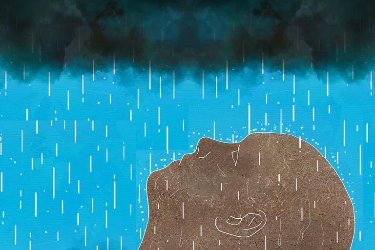 Illustration of upturned face with dark clouds and rain