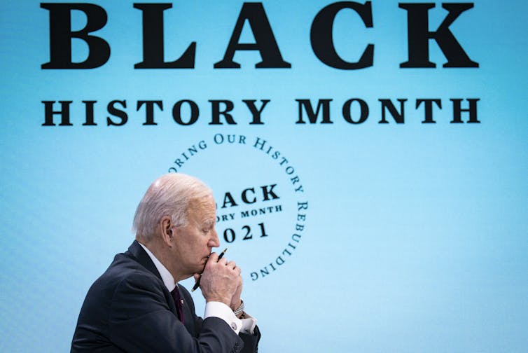 Joe Biden takes part in a virtual event for Black History Month