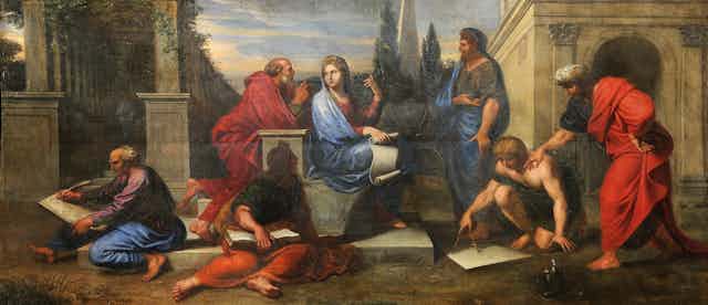 Classic painting of woman surrounded by cloaked men