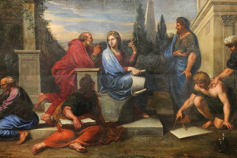Classic painting of woman surrounded by cloaked men
