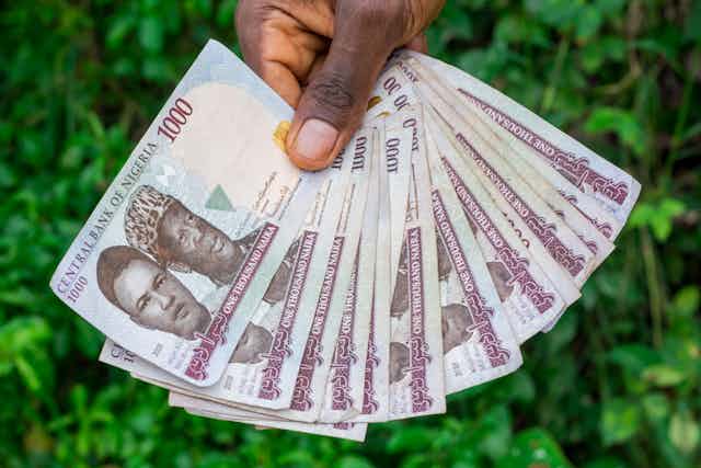 Cropped hand of person holding Nigeria's paper currency