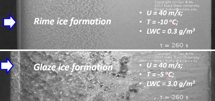 Images of ice forming on wind turbine blades