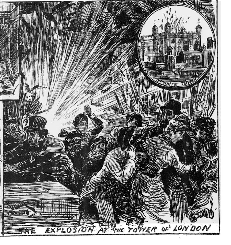Black and white cartoon of people running from an explosion, with the Tower of London inset.