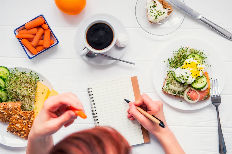 A person tracking their healthy meal using a notebook.