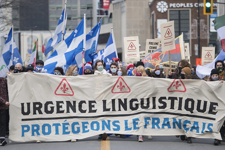 French-language rights protesters carry a banner that reads Urgence Linguistique and carry fleur de lis flags.
