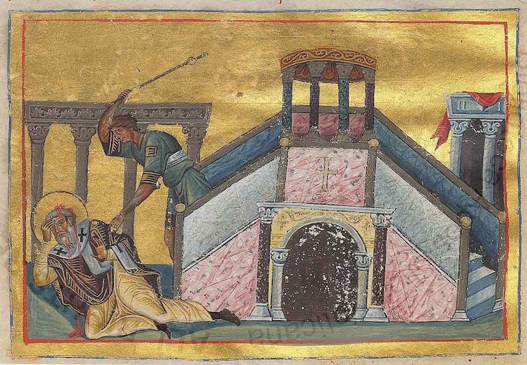 An old religious painting of a man hitting another man with a stick