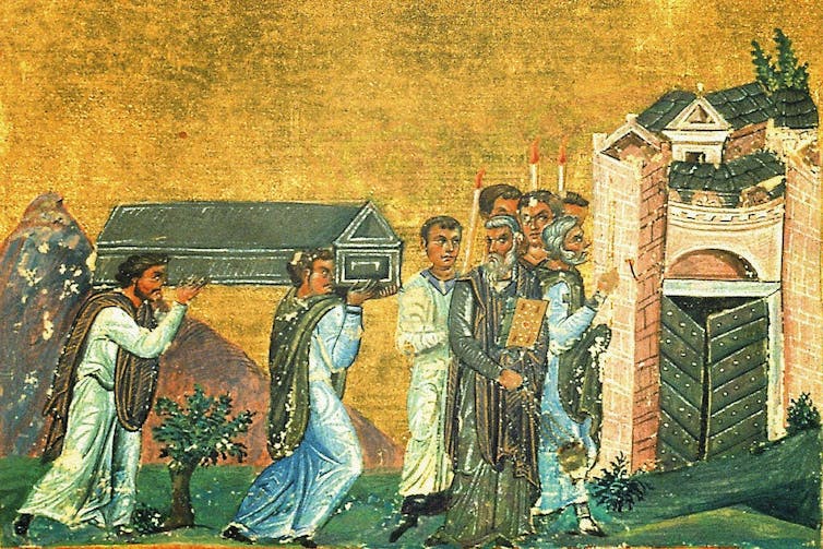 A coffin is carried into a city in a painting