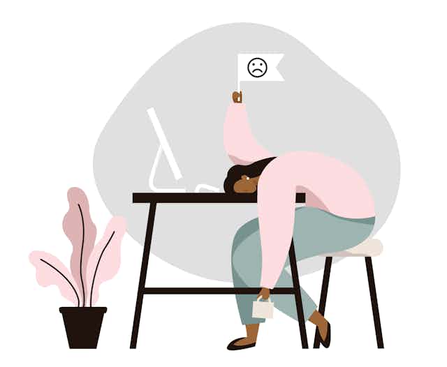 An illustration of a woman slumped her desk with a white flag in the air. 