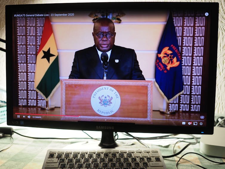 Nana Addo Dankwa Akufo-Addo, President, Republic of Ghana, speaks during the United Nations General Assembly seen on a computer monitor.