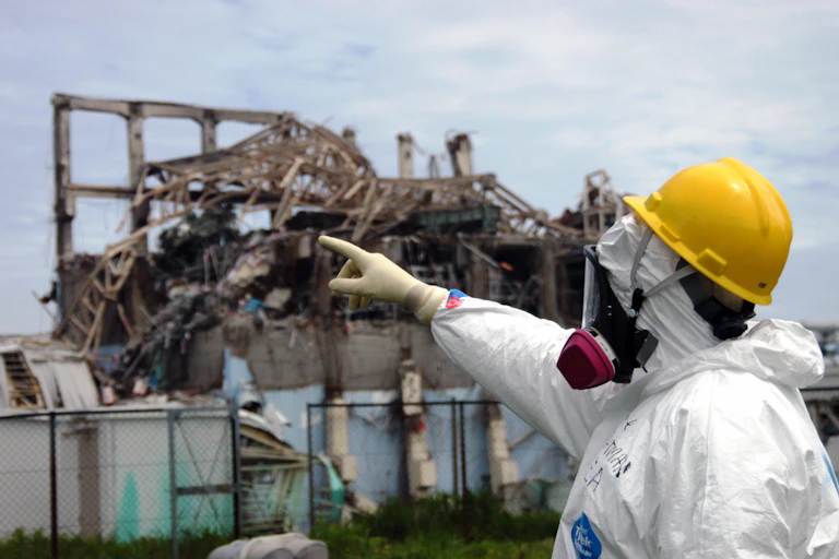 Researcher in protective suit with helmet and respirator .
