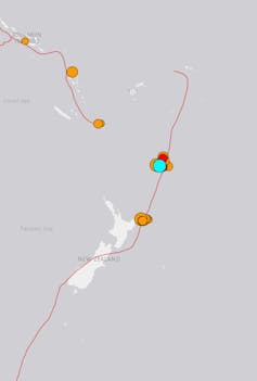 Map of earthquakes off New Zealand