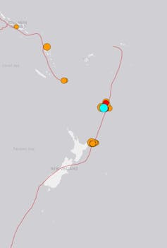 Map of
earthquakes off New Zealand