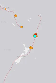 Map of earthquakes off New Zealand