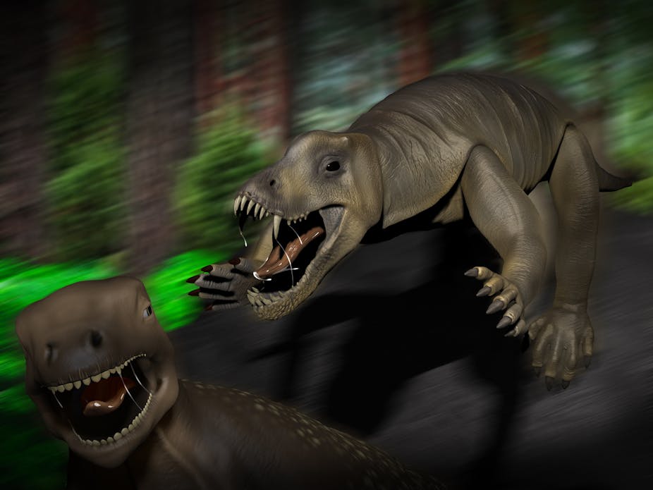 An illustration shows one dinosaur-like creature with big, sharp teeth attacking another that looks frightened and is running away.
