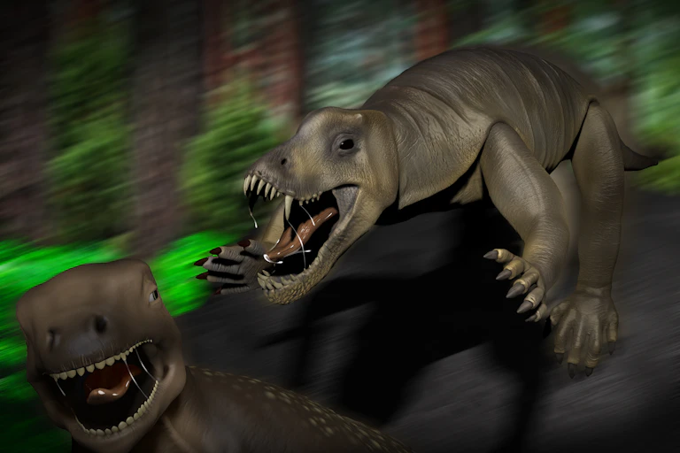 An illustration shows one dinosaur-like creature with big, sharp teeth attacking another that looks frightened and is running away.