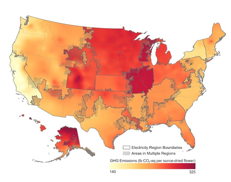 A map showing the midwest and rocky mountains in dark red while the coasts are pale red or white.