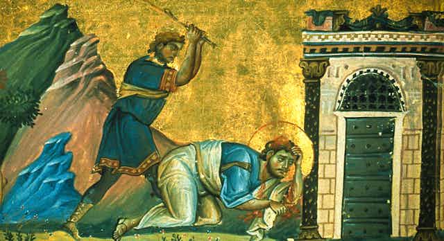 A saint is clobbered with a stick in an old manuscript painting