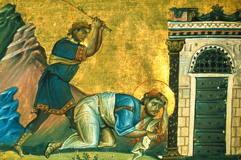 A saint is clobbered with a stick in an old manuscript painting