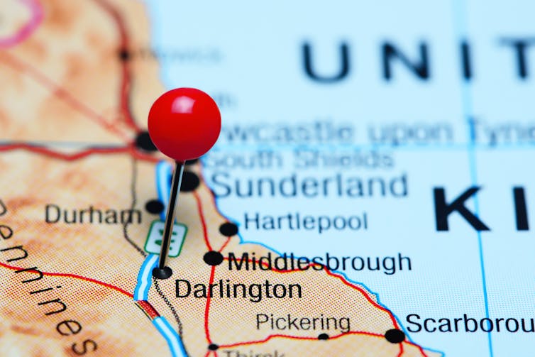 A map with a red pin locating Darlington.