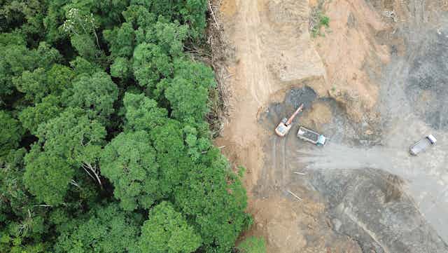 Aerial view of deforestation in the Bornean jungle.