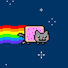 A cartoon cat with a Pop-Tart for a torso, flying through space, and leaving a rainbow trail behind