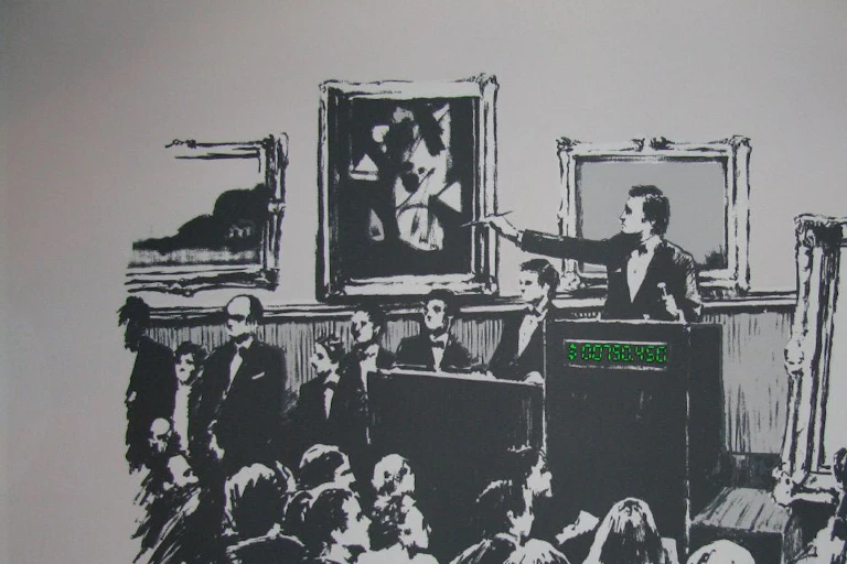 A piece of artwork by Banksy, showing an auction room with a painting of the words "I can't believe you morons actually buy this shit" on it.