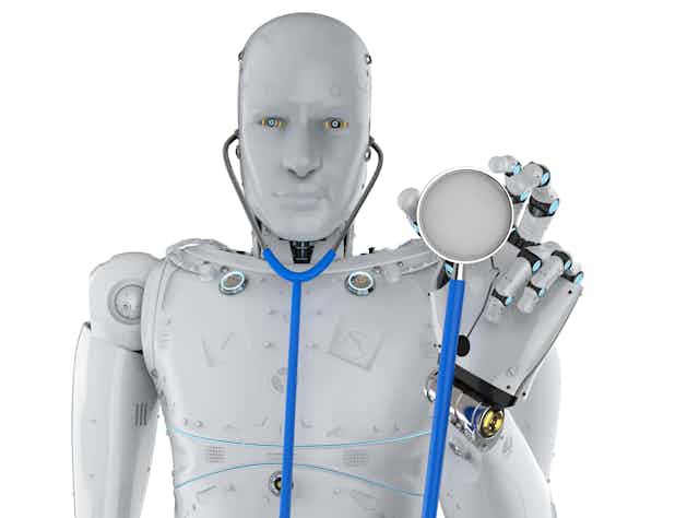 a humanoid robot holds a stethoscope up toward the viewer