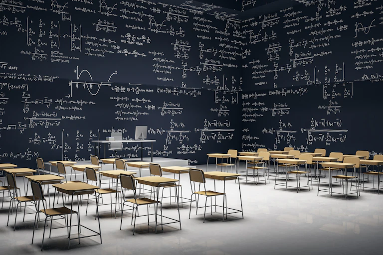 Study desks in a room with mathematical equations on the walls