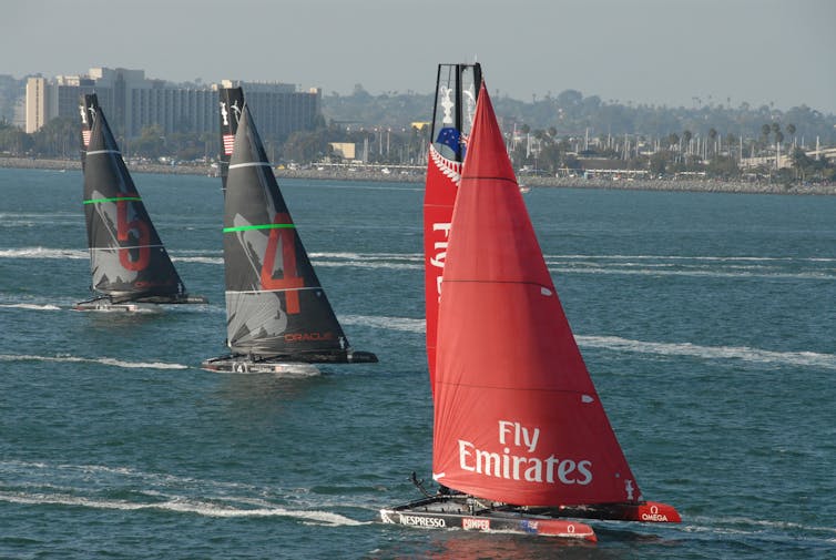 Three yachts racing in the waters off San Diego, US.