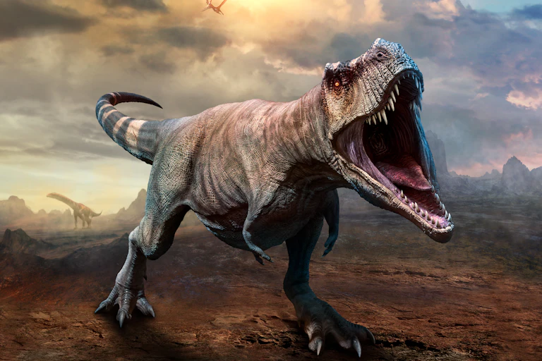 Drawing of a T rex with its mouth open showing its teeth. Mountains and other dinosaurs in the background.