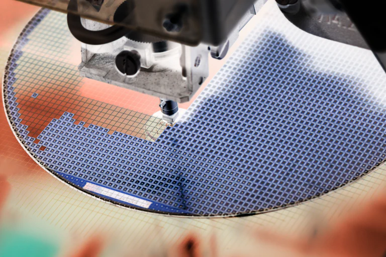 A machine picking up individual computer chips from a silicon wafer